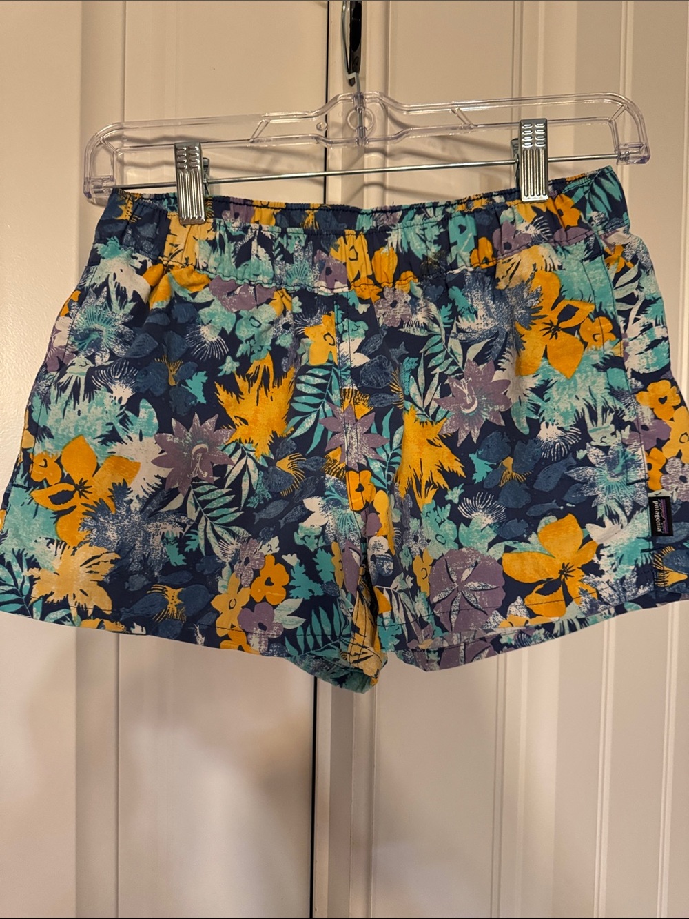 Patagonia Floral Elastic-Waist Shorts in Navy, Teal, Yellow & Lavender
